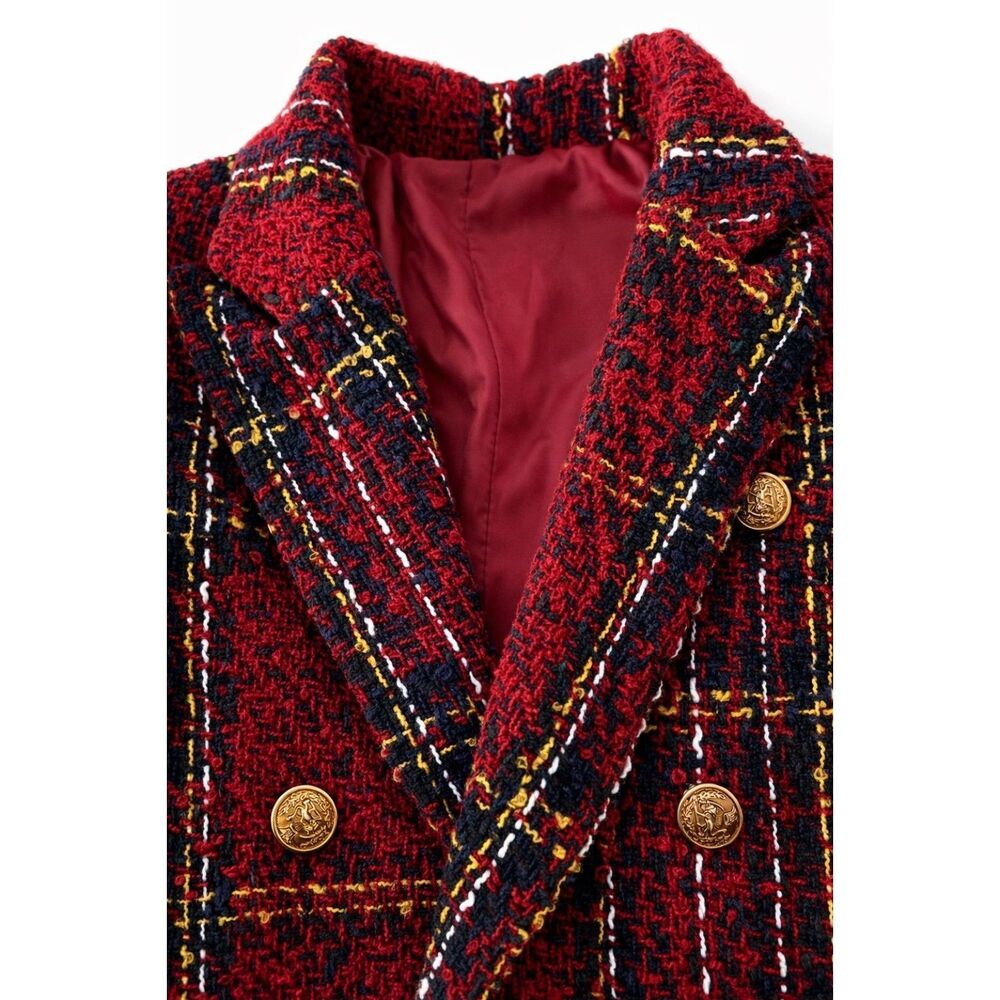 Red Tweed Style Open Front Jacket-Gold Button Detail Bouclé Knit Blazer |Medium - Picture 4 of 12